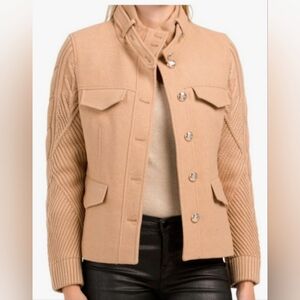 ELIE TAHARI Tan/Beige Wool Blend Mixed Media Knit Jacket